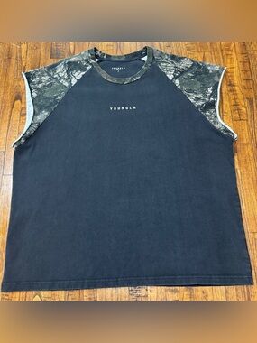 YoungLA Black Tank Top with Green Camo Raglan Accents